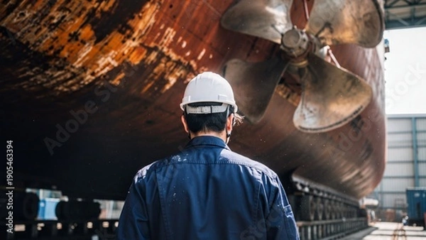 Obraz Marine engineer inspecting a massive ship hull and propeller