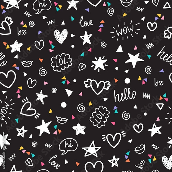 Fototapeta Abstract seamless pattern with different design elements. Modern stylish texture. Geometric colorful shapes. Trendy hand drawn background