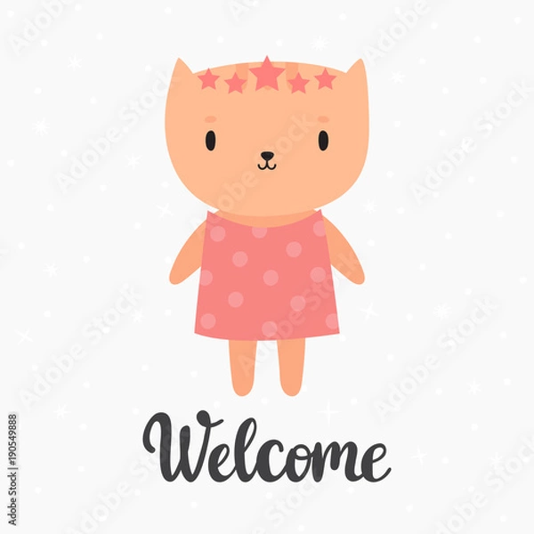 Fototapeta Welcome. Cute little kitty. Greeting card or postcard. Beautiful background for kids
