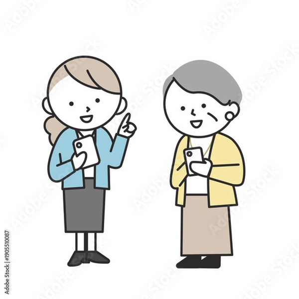 Fototapeta シニアの女性にスマホ操作を説明する若い女性　デジタルサポートをする日本人のイラスト
