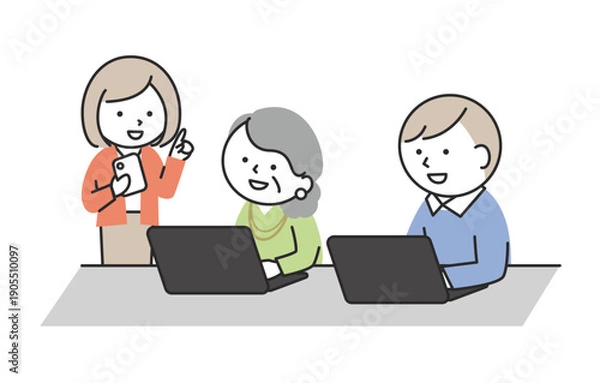 Fototapeta 多世代でスマホやパソコンを使って学びあうイメージ　デジタルデバイス学習をする日本人のシニアと若者