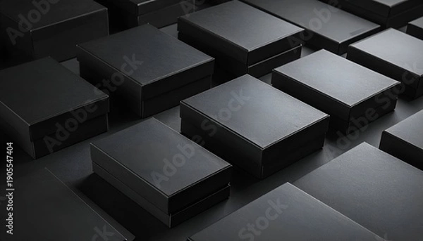 Fototapeta Repeating grid of uniform, solid black, rectangular boxes casting shadows. Clean, stark and modern presentation