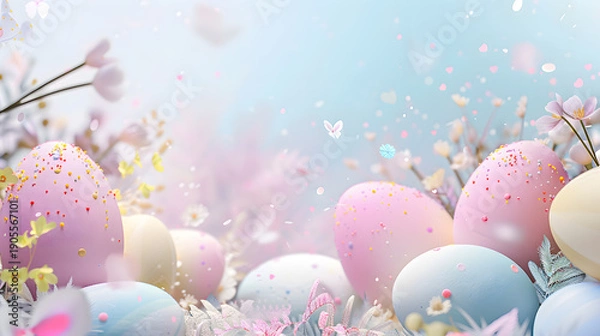 Obraz Easter eggs and flowers background with pastel background soft colours