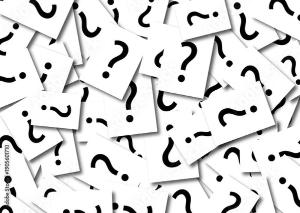 Obraz Scattered question mark cards representing uncertainty