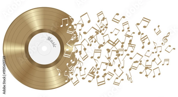 Obraz Abstract gold vinyl record with notes, transparent background
