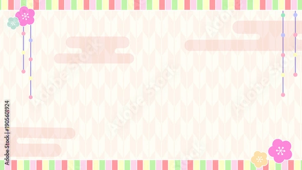 Obraz 春のひな祭りの和風背景フレーム素材（桃の花・矢絣・パステルカラー）