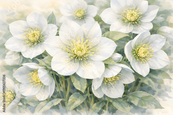 Obraz 白いクリスマスローズを描いた水彩画イラスト