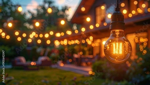 Obraz Hanging Edison bulb illuminates backyard with blurred string lights & house