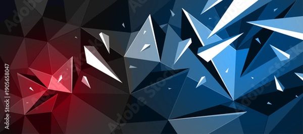 Obraz Low poly background with particles debris in motion and color spotlights vector design, 3D dynamic surface with debris explosion, triangular elements flying over polygonal backdrop.