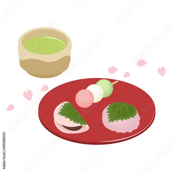 Obraz 桜ふぶきと和菓子と抹茶
