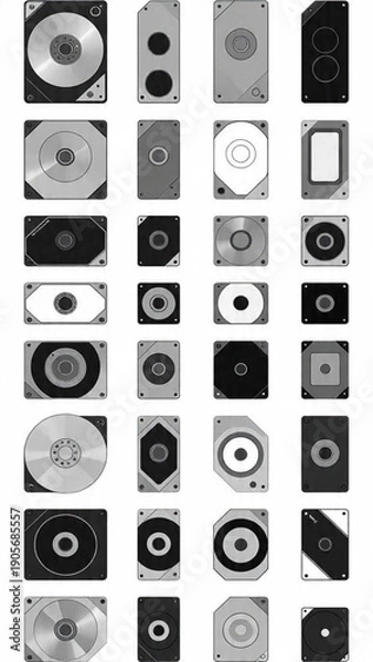 Obraz  Hard Drive Components Grid, Abstract Data Storage Pattern, Monochrome Computer Hardware Tiles, Digital Disk Drive Background

