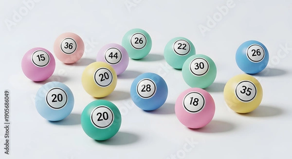 Obraz Assorted colored bingo balls with numbers displayed on a white background