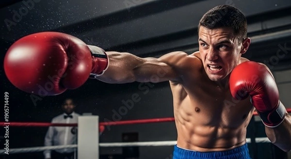 Obraz Boxer throwing a powerful punch during a match.
