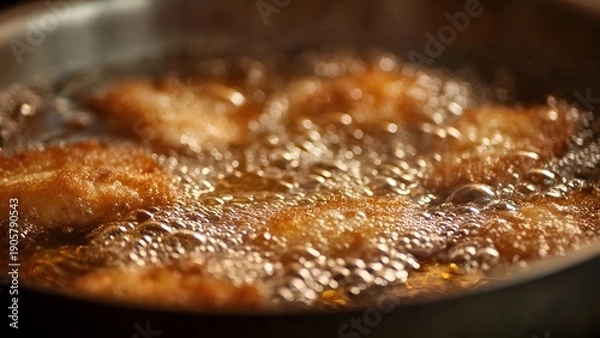 Obraz High Heat Frying Process with Fish Developing Crispy Golden Surface