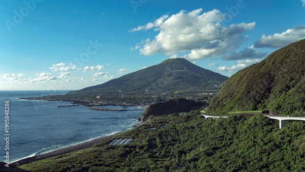 Obraz 大坂トンネル展望台から一望する八丈富士と美しい海岸線が広がる八丈島のパノラマ