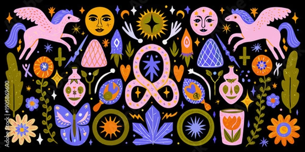 Obraz Whimsical illustration featuring celestial bodies mythical creatures and botanical elements