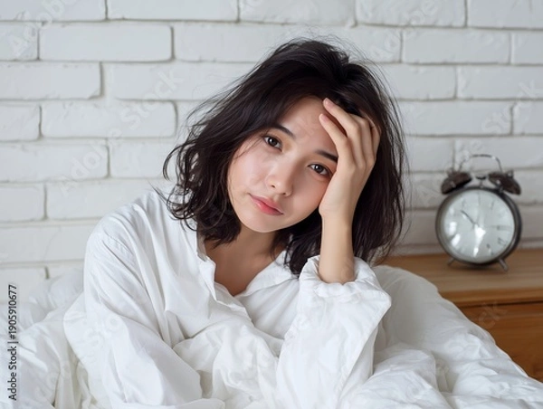 Obraz 朝のベッドで手を当てて考え込む女性が静かな目覚めと日常の迷いを感じる室内シーン