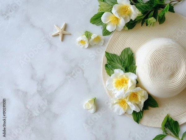 Obraz 白い花と麦わら帽子を並べた明るい空間で初夏の装いと爽やかな季節感を感じる静物シーン