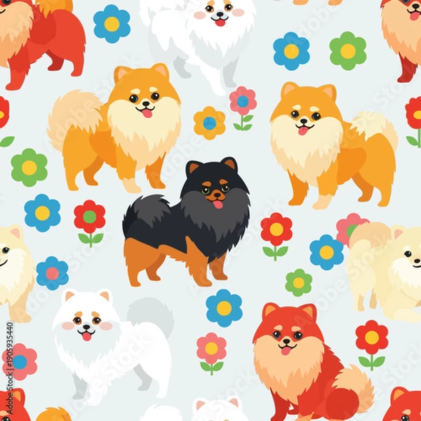 Obraz Pomeranian Dogs Pattern with Flowers.
