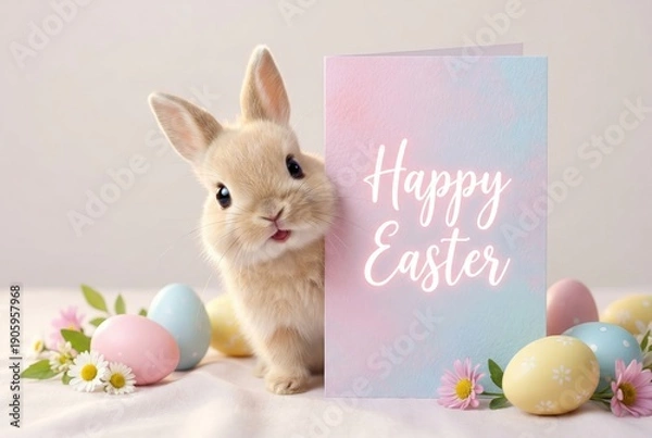 Obraz Cute Rabbit with Easter Eggs and Flowers