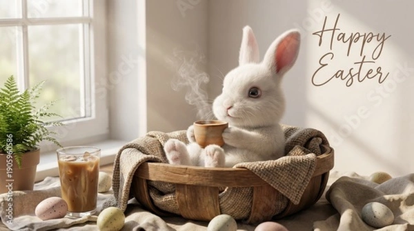 Obraz Bunny Drinking Coffee Happy Easter Background
