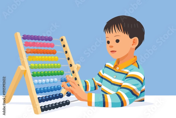 Obraz Young boy using a colorful abacus for math learning.