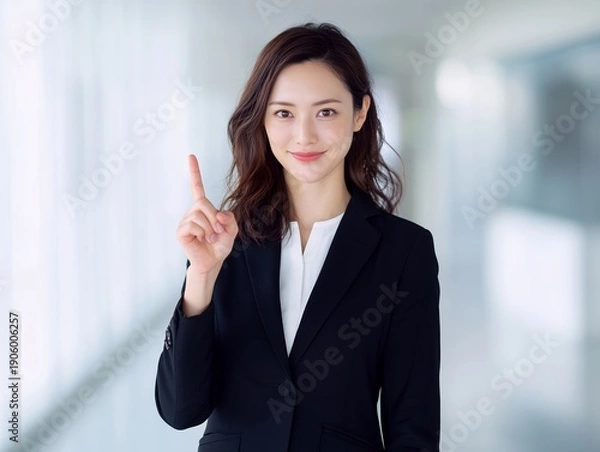 Obraz 人差し指を立てて重要なポイントを分かりやすく伝える信頼感のあるビジネスウーマン