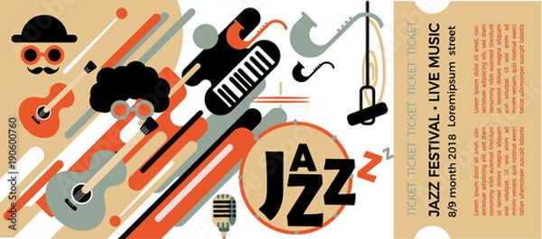 Obraz Szablon biletu na festiwal jazzowy z instrumentami muzycznymi. Ilustracja z klawiszami saksofonu i fortepianu oraz gitarą. Kolorowi Muzycy Festiwalu Jazzowego