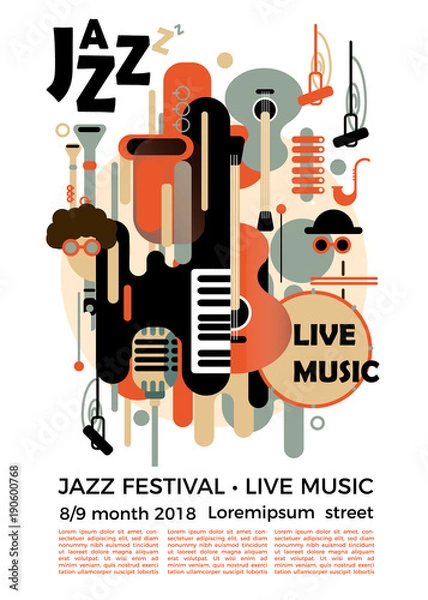 Obraz Plakat na festiwal jazzowy z instrumentami muzycznymi. Ilustracja z klawiszami saksofonu i fortepianu oraz gitarą. Kolorowi muzycy festiwali jazzowych śpiewają