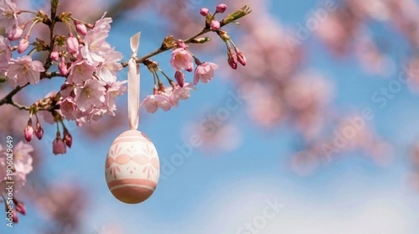 Obraz Painted easter egg hanging from blooming cherry blossom branch