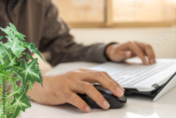 Obraz 窓際の明るい室内でテレワークをする男性のイメージ（手前の植物にピント、顔無し）