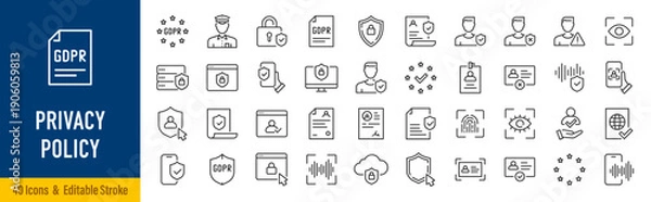 Obraz Privacy Policy web icons in line style. GDPR, security, data protection, shield, processing, data, collection. Editable stroke. Vector illustration.