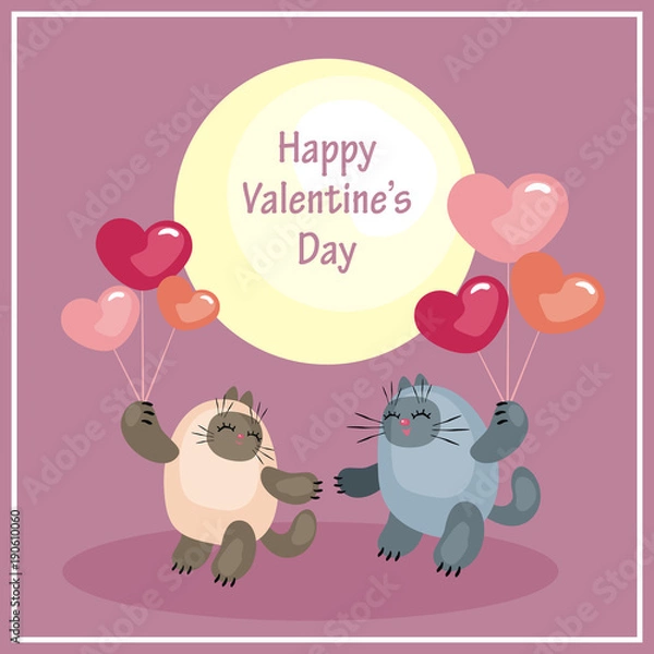 Fototapeta Valentine’s Day greeting card with the image of cute cats and hearts. Colorful vector illustration.