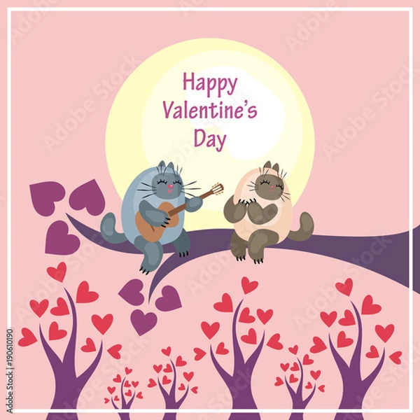 Fototapeta Valentine’s Day greeting card with the image of cute cats and hearts. Colorful vector illustration.