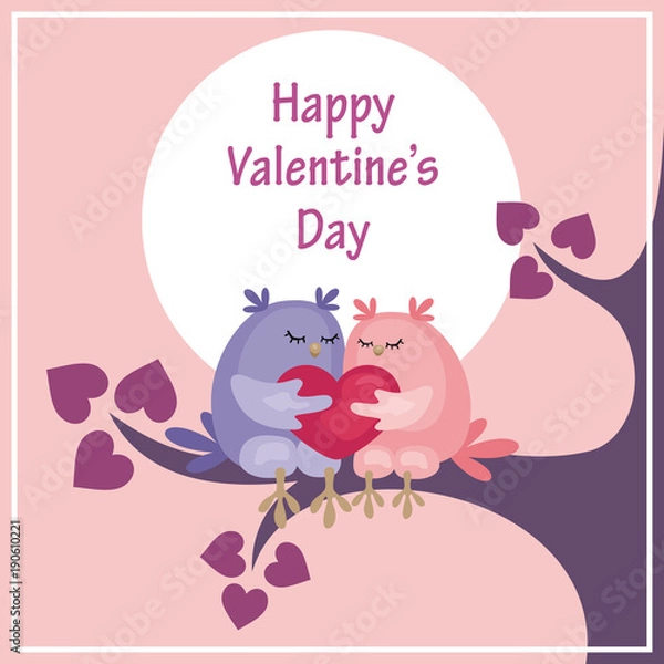 Fototapeta Valentine’s Day greeting card with the image of cute owls and heart. Colorful vector background.