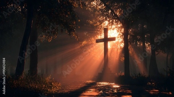 Fototapeta Dramatic Sunbeams Illuminate Forest Cross