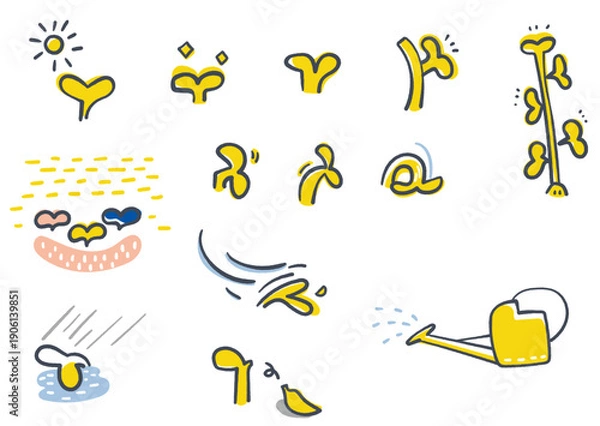 Obraz 太陽を浴びる双葉や雨に打たれる姿など植物の成長と停滞のステップを描いた芽のバリエーションセット、心の回復プロセスや心理的変化の図解、芽吹き いばしょの風景