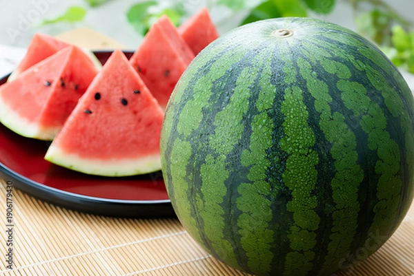 Obraz 大玉スイカとカットしたスイカ