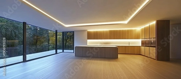 Obraz Modern kitchen with large windows overlooking forest