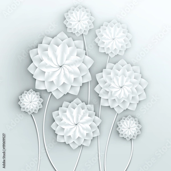 Fototapeta Paper flowers. Volumetric floral background. 3d Illustration for postcard, decor, invitation card