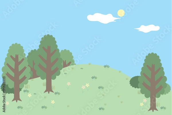 Obraz 草花が生い茂る丘の風景