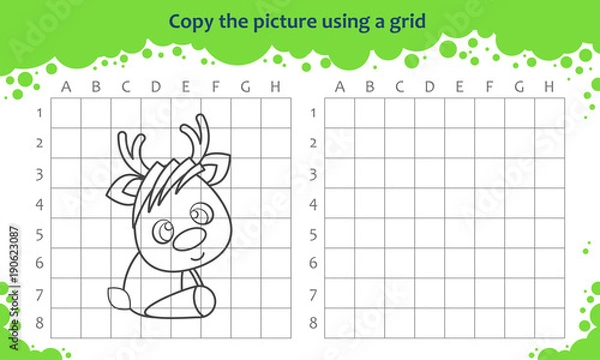 Fototapeta Copy the picture using a grid. Educational game for children. How to draw cute cartoon reindeer