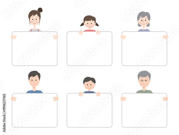 Fototapeta パネルを持っている笑顔の三世代家族