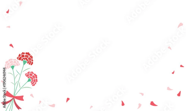 Fototapeta リボンで束ねられたカーネーションの花束と花びらが舞うフレーム