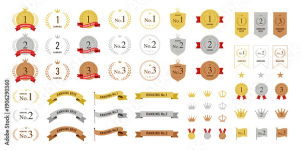Obraz ランキング　バッジ　賞　メダル　アイコンセット（金・銀・銅）ベクター　フラットデザイン