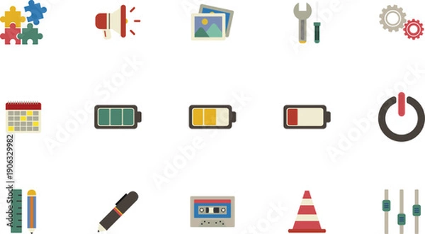 Obraz Assorted Technical Icons Representing Various Tools and Devices on a Neutral Background from a Direct Viewpoint