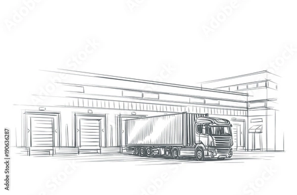 Fototapeta Ciężarówka w pobliżu rampy załadunkowej / logistyka ilustracja firmy. Wektor. eps 10.