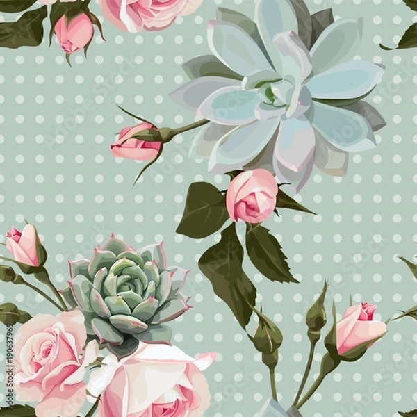 Obraz Succulents and roses vector seamless pattern