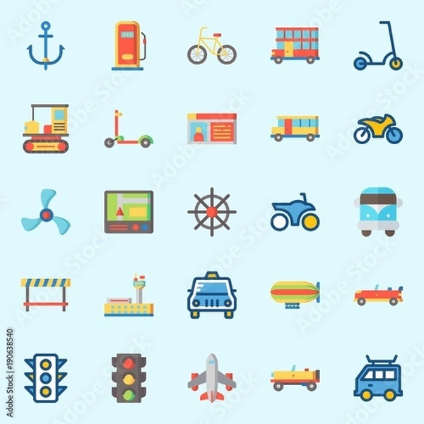 Fototapeta icons set about Transportation. with double decker, sport  car, road block, van, gas station and propeller
