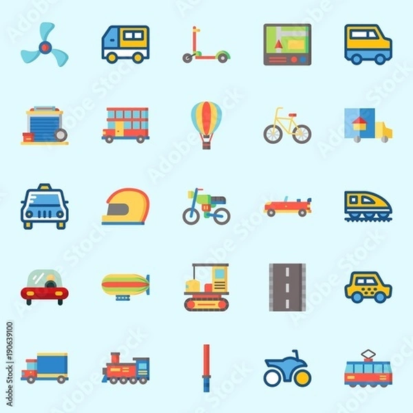 Fototapeta Icons set about Transportation with gps, van, motorbike, zeppelin, tram and helmet